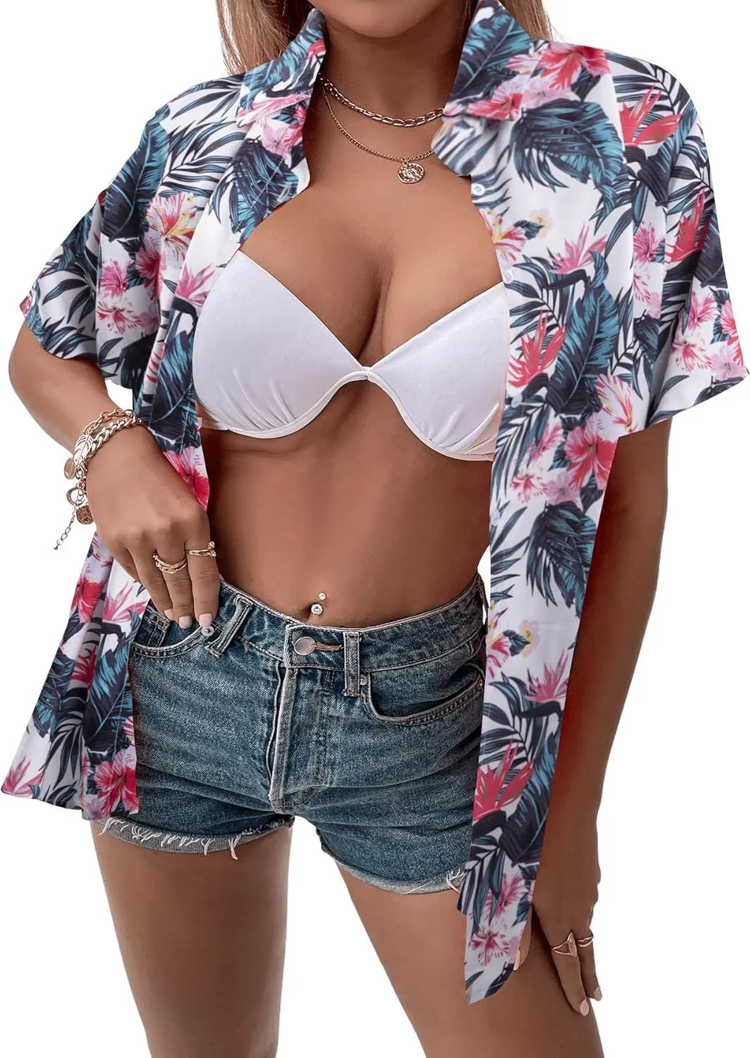 ASTANFY Hawaiian Shirt Women Hawaii T-Shirt Tropical Floral Printed V Neck Shirts Soft Cool Summer Beach Button Up Blouse