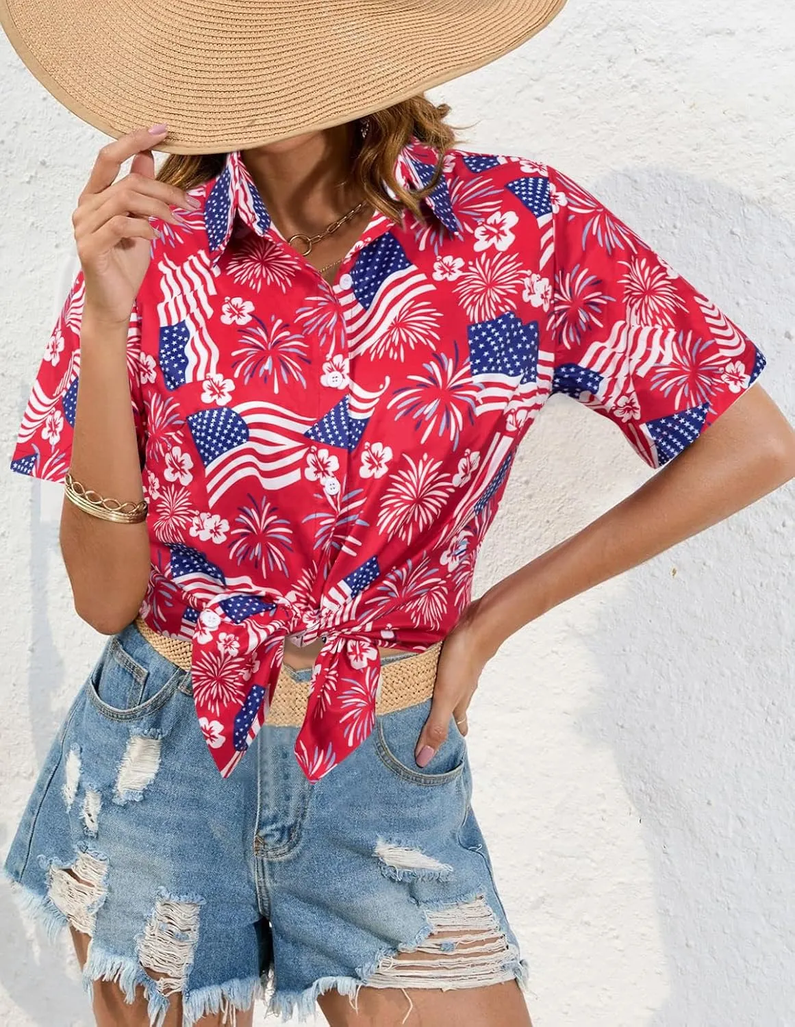 ASTANFY Hawaiian Shirt Women Hawaii T-Shirt Tropical Floral Printed V Neck Shirts Soft Cool Summer Beach Button Up Blouse