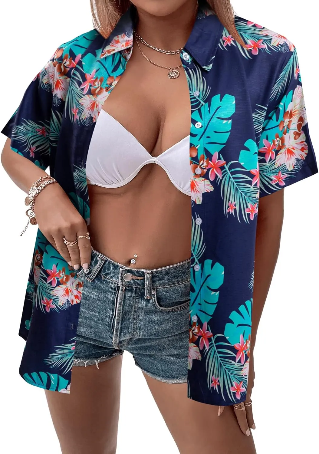 ASTANFY Hawaiian Shirt Women Hawaii T-Shirt Tropical Floral Printed V Neck Shirts Soft Cool Summer Beach Button Up Blouse