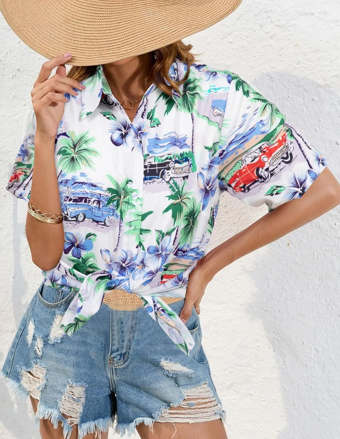 ASTANFY Hawaiian Shirt Women Hawaii T-Shirt Tropical Floral Printed V Neck Shirts Soft Cool Summer Beach Button Up Blouse