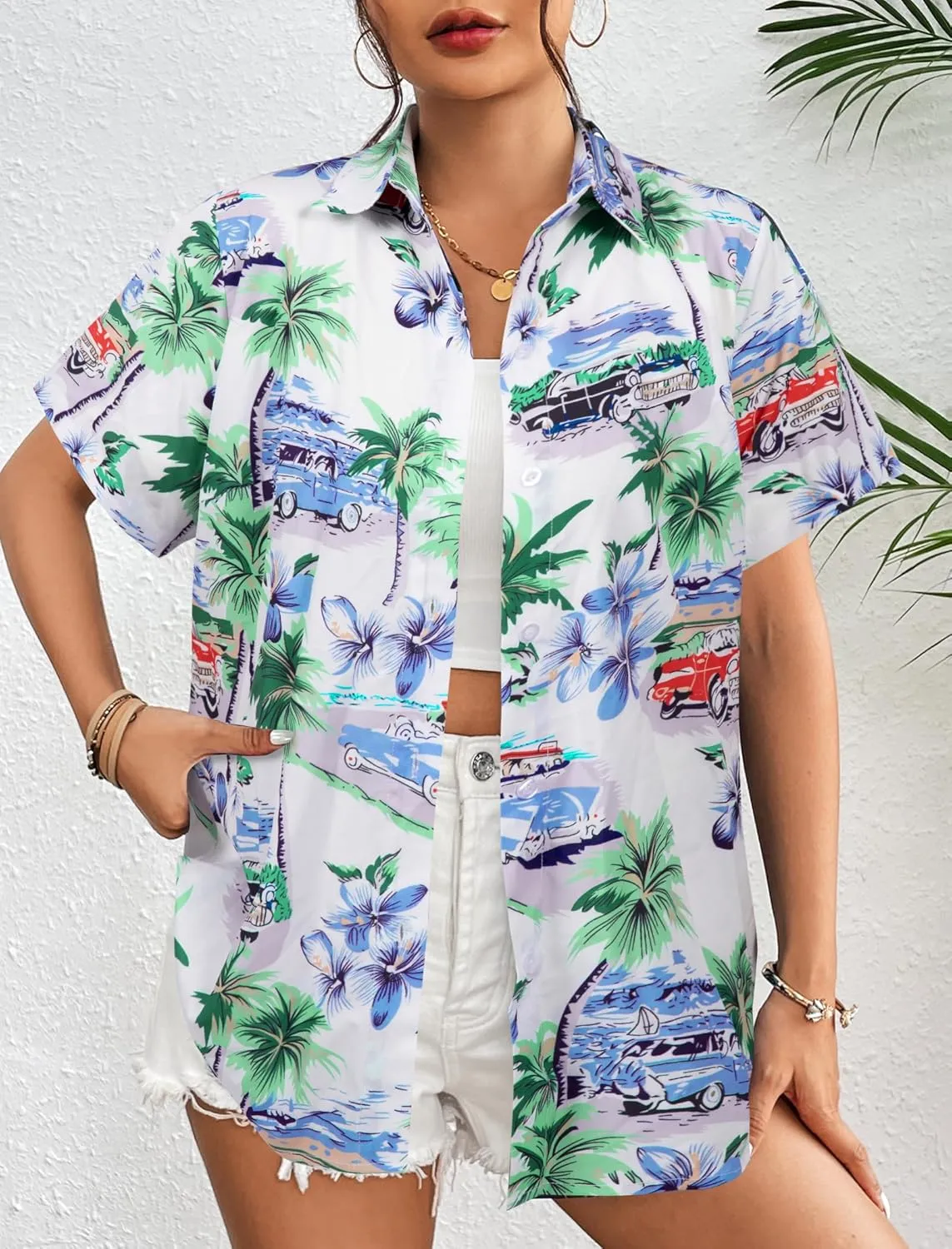 ASTANFY Hawaiian Shirt Women Hawaii T-Shirt Tropical Floral Printed V Neck Shirts Soft Cool Summer Beach Button Up Blouse