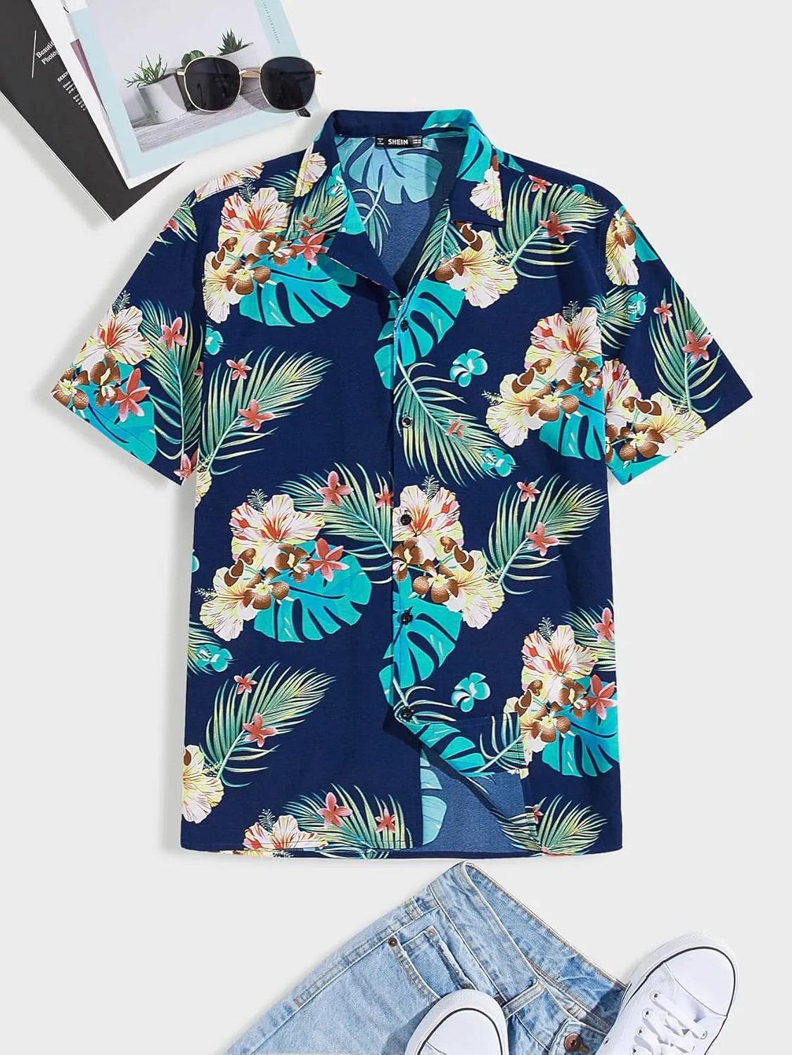ASTANFY Hawaiian Shirt Women Hawaii T-Shirt Tropical Floral Printed V Neck Shirts Soft Cool Summer Beach Button Up Blouse