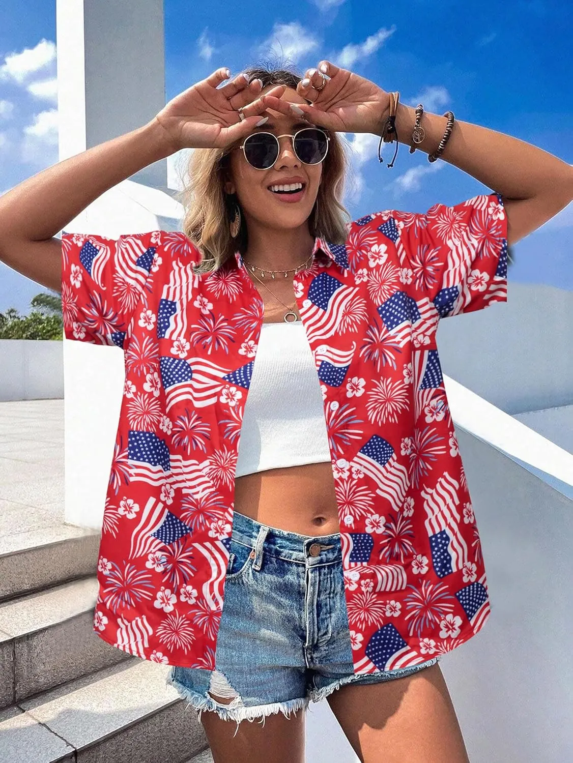 ASTANFY Hawaiian Shirt Women Hawaii T-Shirt Tropical Floral Printed V Neck Shirts Soft Cool Summer Beach Button Up Blouse