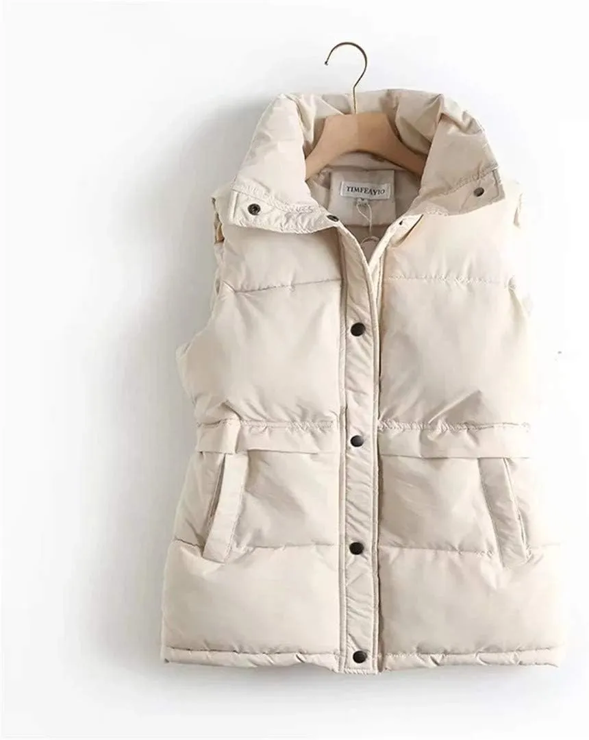 Autumn Winter Women Solid Loose Vest Drawstring Stand Collar Long Vest Jacket Cotton Padded Women Warm Waistcoat