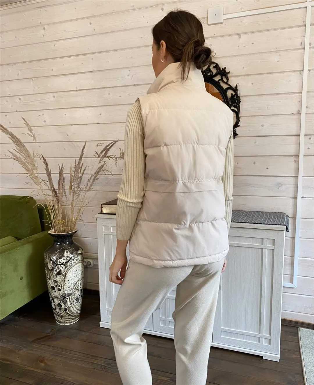 Autumn Winter Women Solid Loose Vest Drawstring Stand Collar Long Vest Jacket Cotton Padded Women Warm Waistcoat