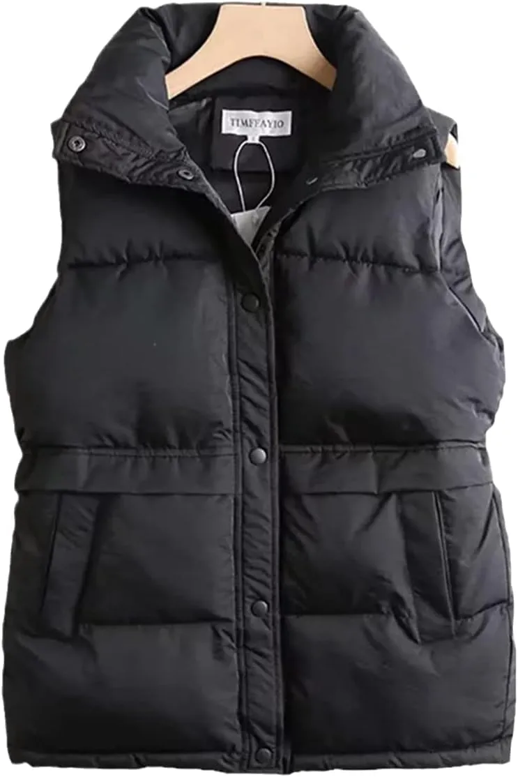 Autumn Winter Women Solid Loose Vest Drawstring Stand Collar Long Vest Jacket Cotton Padded Women Warm Waistcoat