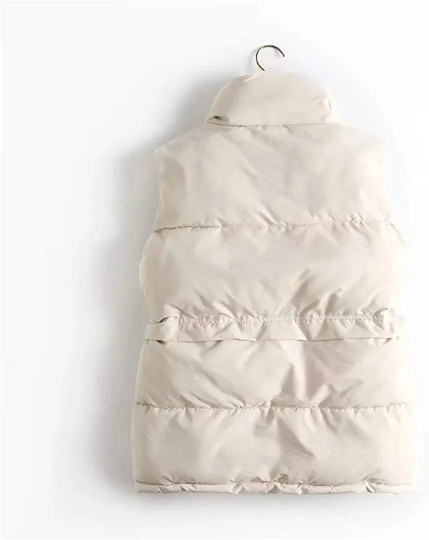 Autumn Winter Women Solid Loose Vest Drawstring Stand Collar Long Vest Jacket Cotton Padded Women Warm Waistcoat