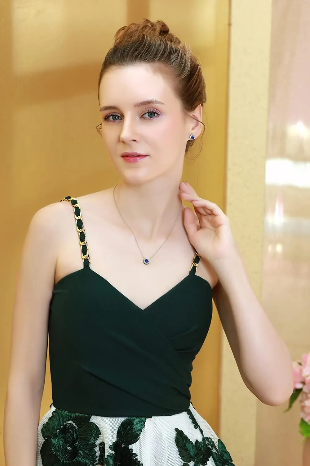 B. BRILLIANT Sterling Silver Genuine, Created or Simulated Gemstone Round Halo Necklace & Stud Earrings Jewelry Set for Women w/Gift Box