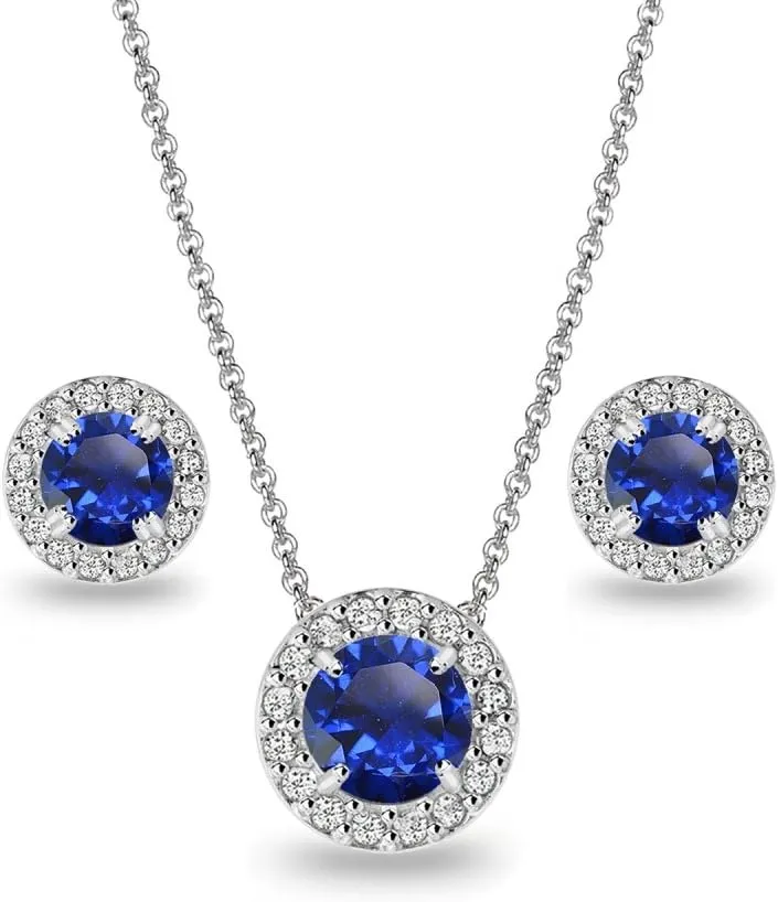 B. BRILLIANT Sterling Silver Genuine, Created or Simulated Gemstone Round Halo Necklace & Stud Earrings Jewelry Set for Women w/Gift Box