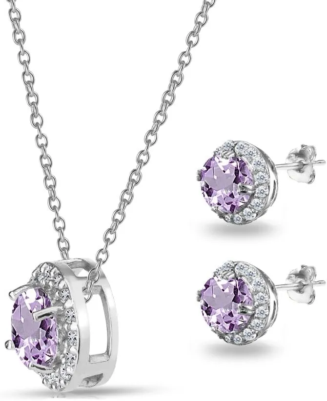 B. BRILLIANT Sterling Silver Genuine, Created or Simulated Gemstone Round Halo Necklace & Stud Earrings Jewelry Set for Women w/Gift Box