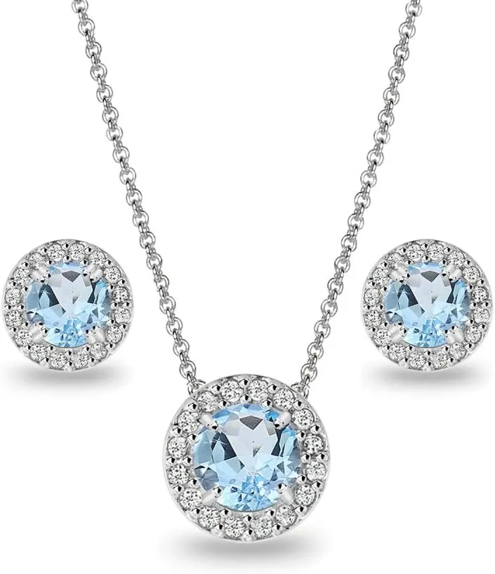 B. BRILLIANT Sterling Silver Genuine, Created or Simulated Gemstone Round Halo Necklace & Stud Earrings Jewelry Set for Women w/Gift Box