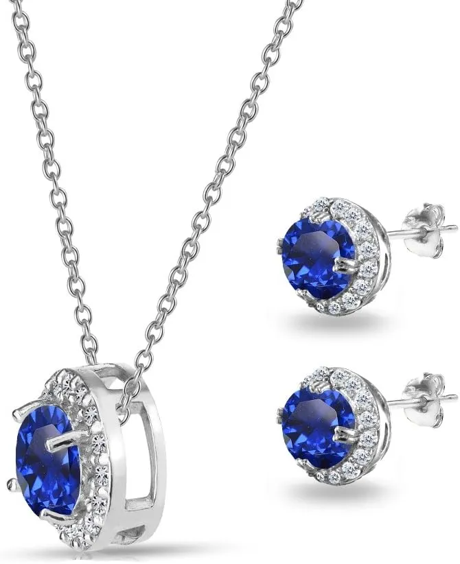 B. BRILLIANT Sterling Silver Genuine, Created or Simulated Gemstone Round Halo Necklace & Stud Earrings Jewelry Set for Women w/Gift Box