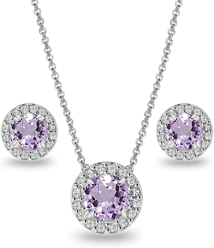 B. BRILLIANT Sterling Silver Genuine, Created or Simulated Gemstone Round Halo Necklace & Stud Earrings Jewelry Set for Women w/Gift Box