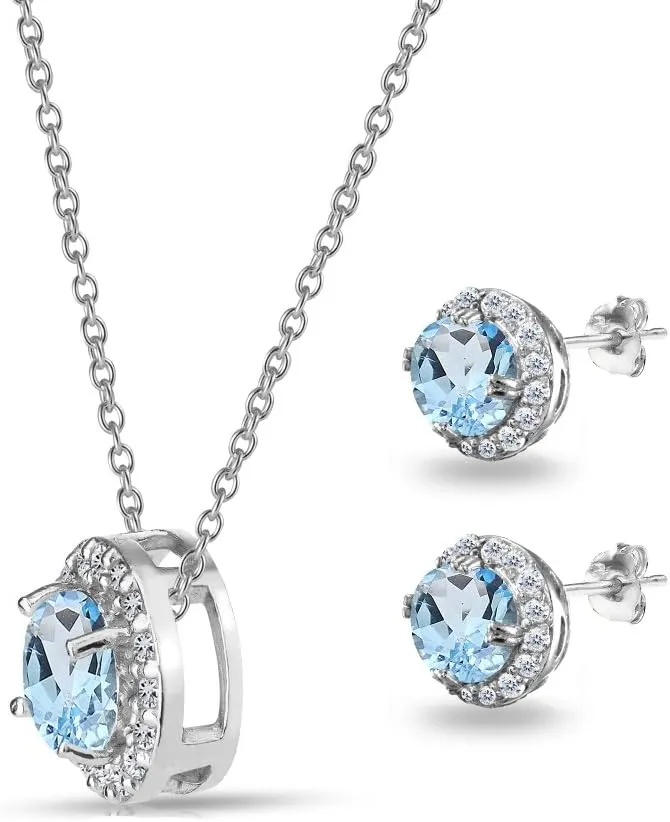 B. BRILLIANT Sterling Silver Genuine, Created or Simulated Gemstone Round Halo Necklace & Stud Earrings Jewelry Set for Women w/Gift Box