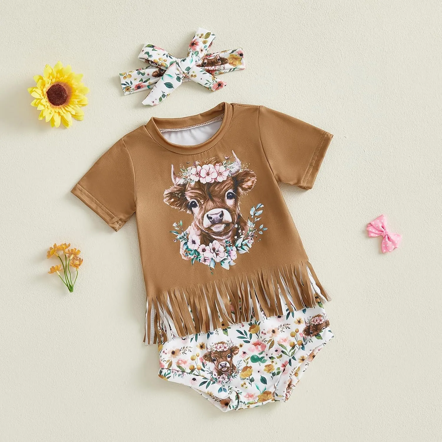 Baby Girl Summer Outfit Highland Cow/Bow Boots Print Tassels T shirt   Shorts   Headband Infant Clothing Set