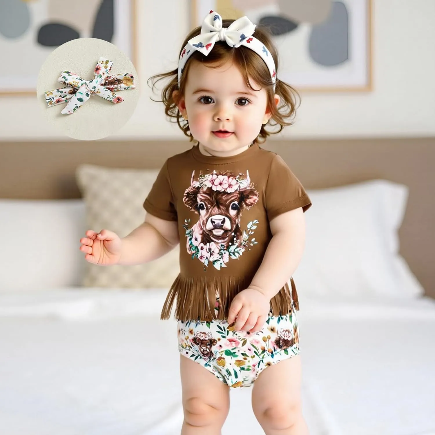 Baby Girl Summer Outfit Highland Cow/Bow Boots Print Tassels T shirt   Shorts   Headband Infant Clothing Set
