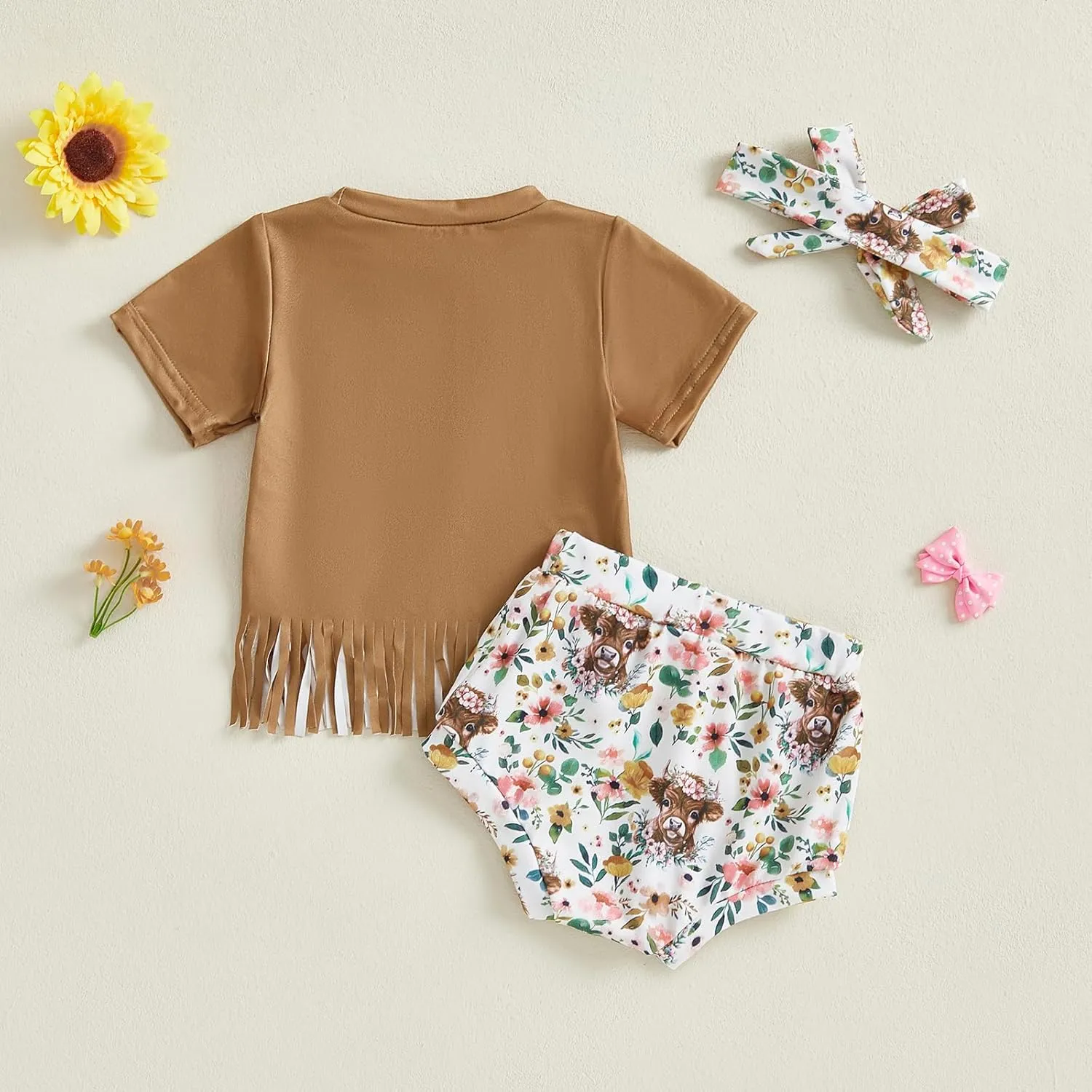 Baby Girl Summer Outfit Highland Cow/Bow Boots Print Tassels T shirt   Shorts   Headband Infant Clothing Set