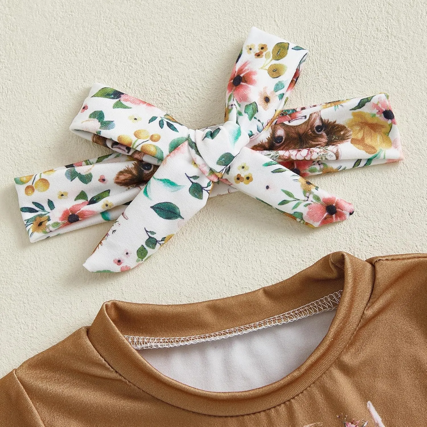 Baby Girl Summer Outfit Highland Cow/Bow Boots Print Tassels T shirt   Shorts   Headband Infant Clothing Set