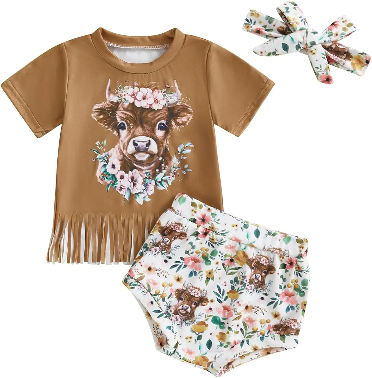 Baby Girl Summer Outfit Highland Cow/Bow Boots Print Tassels T shirt   Shorts   Headband Infant Clothing Set