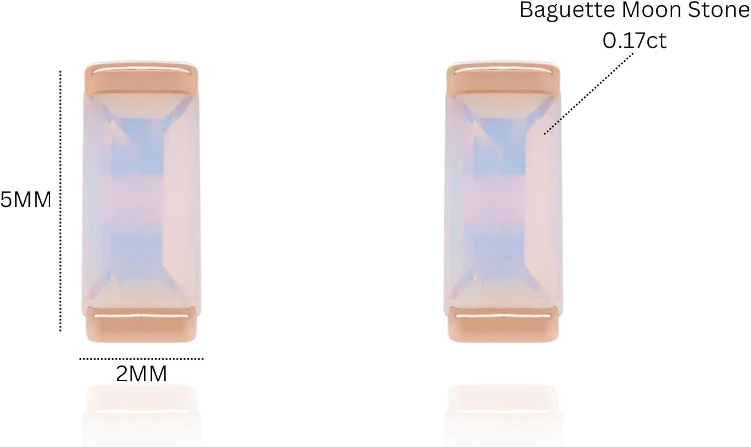 Baguette Moonstone 14k Flat Back Earring, Rectangular Baguette (0.34ct) Stud, Minimalist Earrings, Birthstone Jewelry, Art Deco Earring, Gift For Women