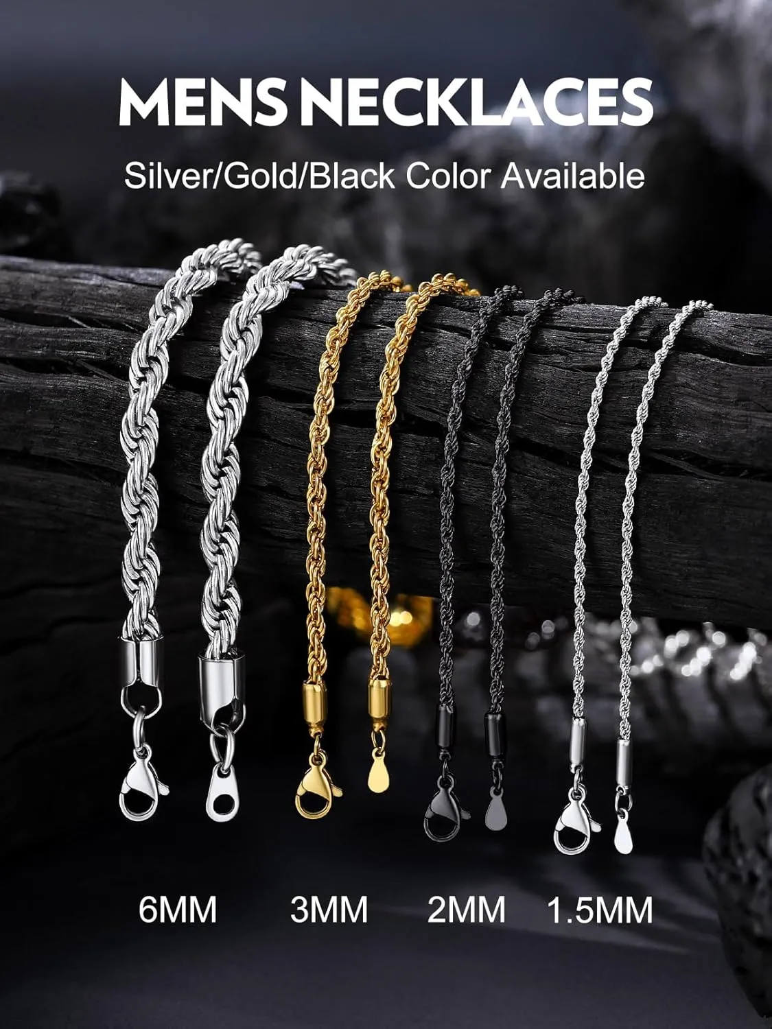 Bandmax Solid 1.5mm/2mm/3mm/6mm Rope Chains for Men Women 14K Gold Plated/Black Plated Stainless Steel Twist Chain 16-30 Inches, with Gift Box