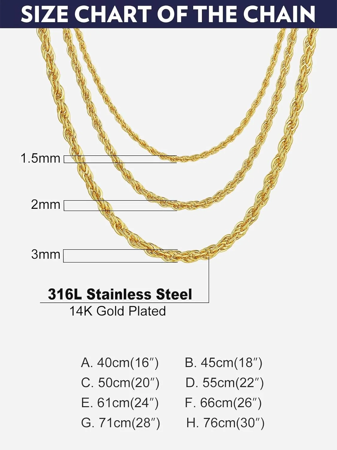 Bandmax Solid 1.5mm/2mm/3mm/6mm Rope Chains for Men Women 14K Gold Plated/Black Plated Stainless Steel Twist Chain 16-30 Inches, with Gift Box