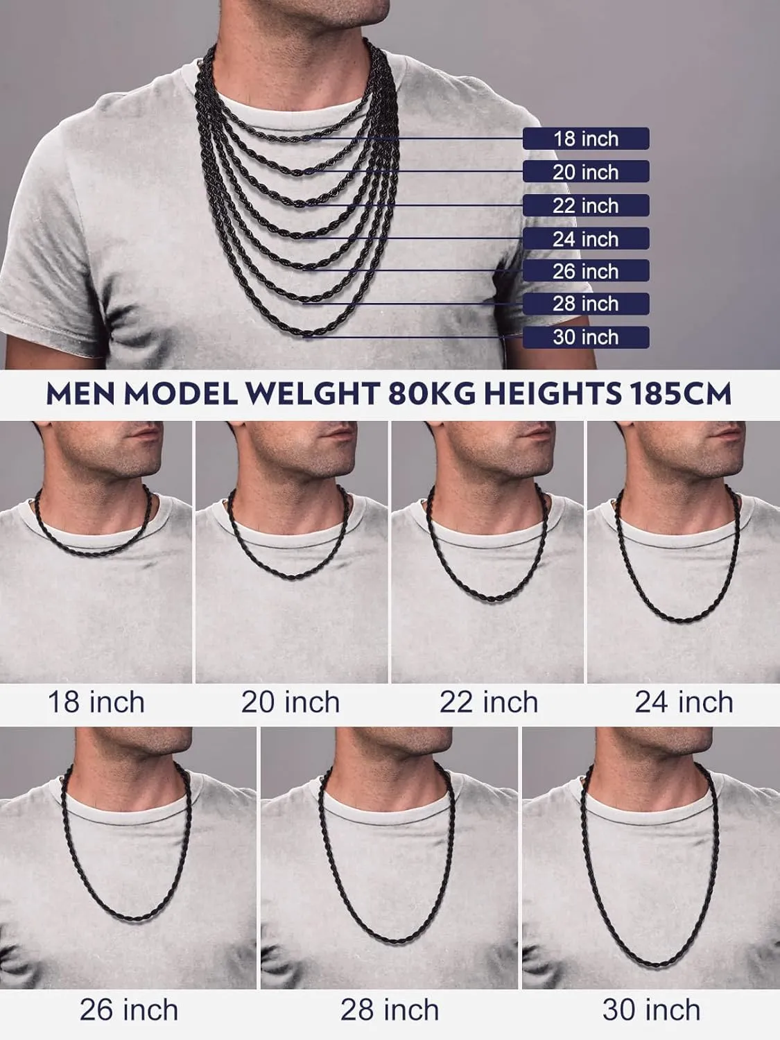 Bandmax Solid 1.5mm/2mm/3mm/6mm Rope Chains for Men Women 14K Gold Plated/Black Plated Stainless Steel Twist Chain 16-30 Inches, with Gift Box