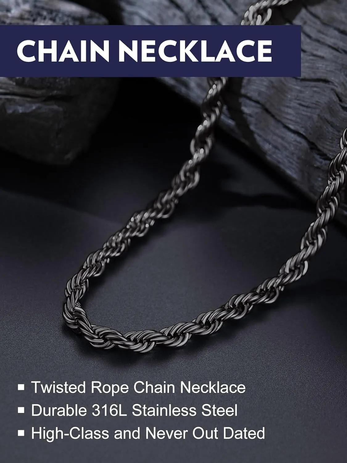 Bandmax Solid 1.5mm/2mm/3mm/6mm Rope Chains for Men Women 14K Gold Plated/Black Plated Stainless Steel Twist Chain 16-30 Inches, with Gift Box