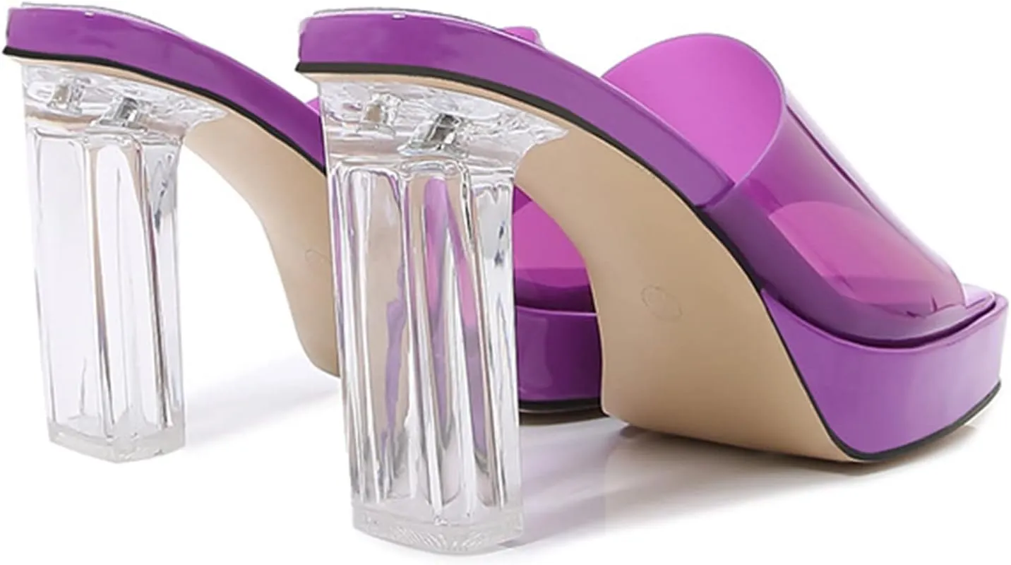 bbruriy Women's Clear Heeled Sandals Platform Chunky Block High Heels Square Open Toe Slip on Backless Slippers Nightclub Pole Dance Dress Shoes