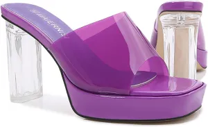 bbruriy Women's Clear Heeled Sandals Platform Chunky Block High Heels Square Open Toe Slip on Backless Slippers Nightclub Pole Dance Dress Shoes