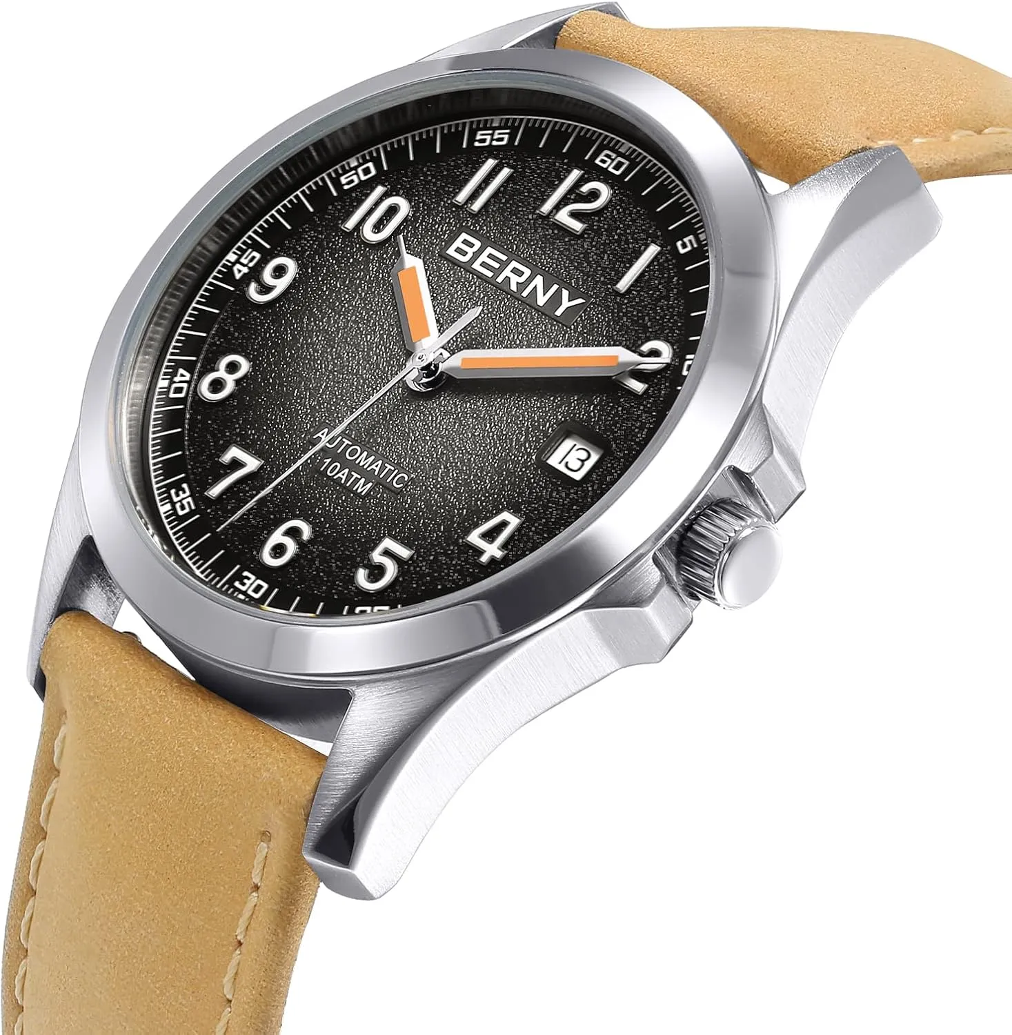 BERNY Easy Reader Automatic Watch for Men Seagull ST2130 Mechanical Wristwatches Leather Strap Luminous Waterproof 10ATM Sapphire Glass Scratch Resistant Mens Watches