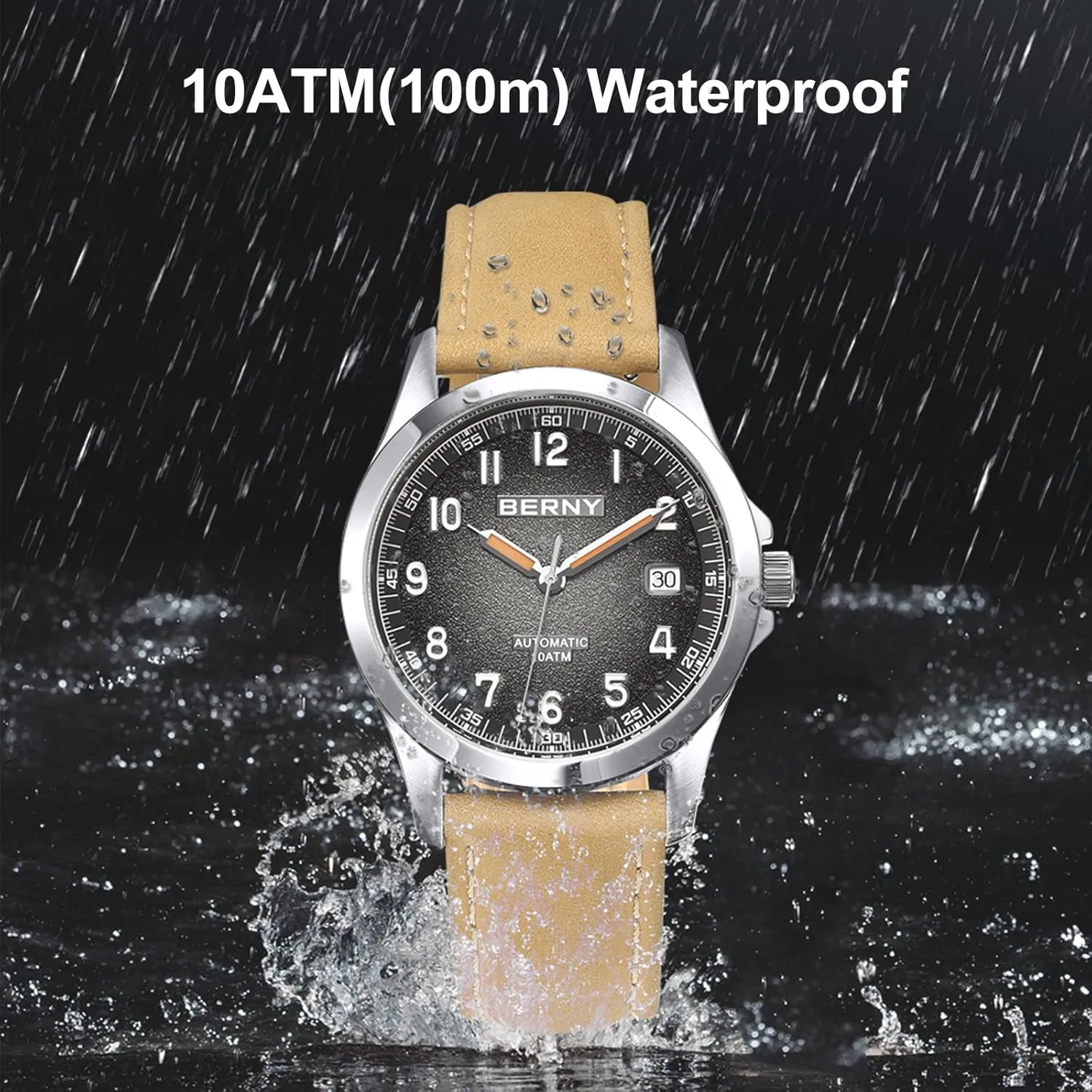 BERNY Easy Reader Automatic Watch for Men Seagull ST2130 Mechanical Wristwatches Leather Strap Luminous Waterproof 10ATM Sapphire Glass Scratch Resistant Mens Watches