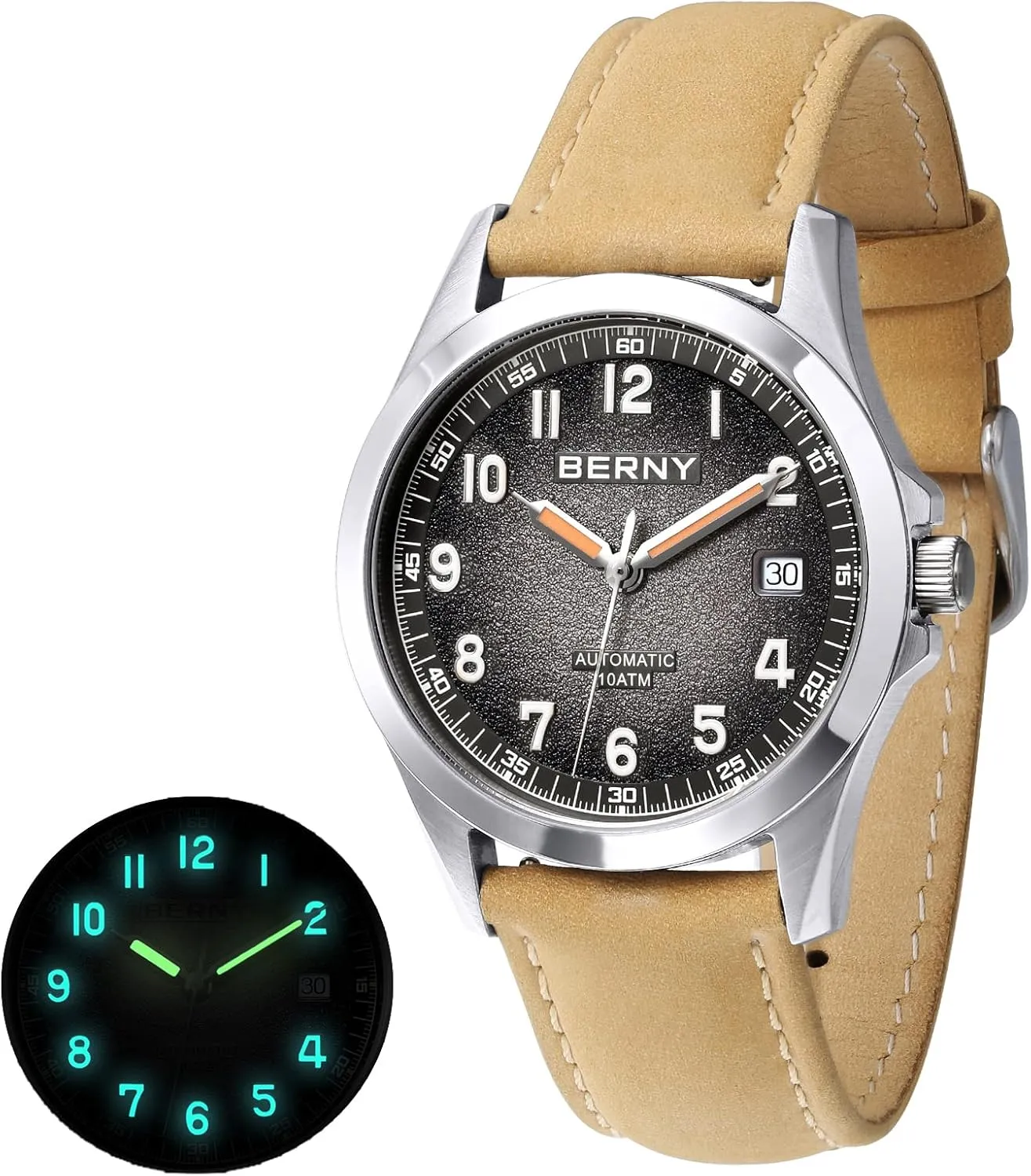 BERNY Easy Reader Automatic Watch for Men Seagull ST2130 Mechanical Wristwatches Leather Strap Luminous Waterproof 10ATM Sapphire Glass Scratch Resistant Mens Watches