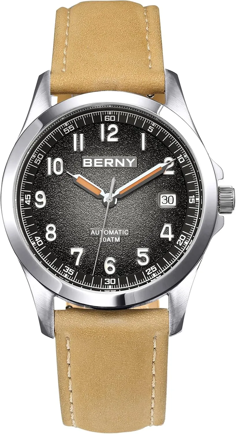 BERNY Easy Reader Automatic Watch for Men Seagull ST2130 Mechanical Wristwatches Leather Strap Luminous Waterproof 10ATM Sapphire Glass Scratch Resistant Mens Watches