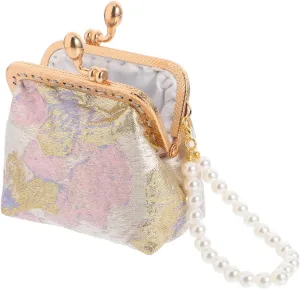 BESPORTBLE Chinese Style Brocade Coin Purse Handheld Floral Wallet Pearl Jewelry Bag Elegant Flower Brooch Perfect for Occasions