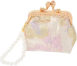 BESPORTBLE Elegant Floral Pearl Hand Wallet Chinese Style Coin Purse for Ladies Brocade Fabric Floral Clutch Purse Perfect for Wedding Travel Daily Use