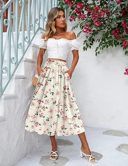 Beyove Women's Midi Skirts High Waisted Pleated A-Line Swing Skirts