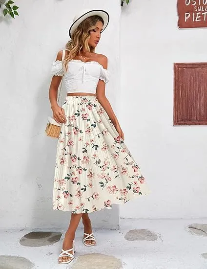 Beyove Women's Midi Skirts High Waisted Pleated A-Line Swing Skirts