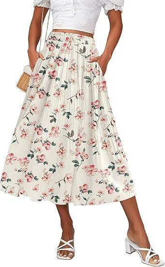 Beyove Women's Midi Skirts High Waisted Pleated A-Line Swing Skirts
