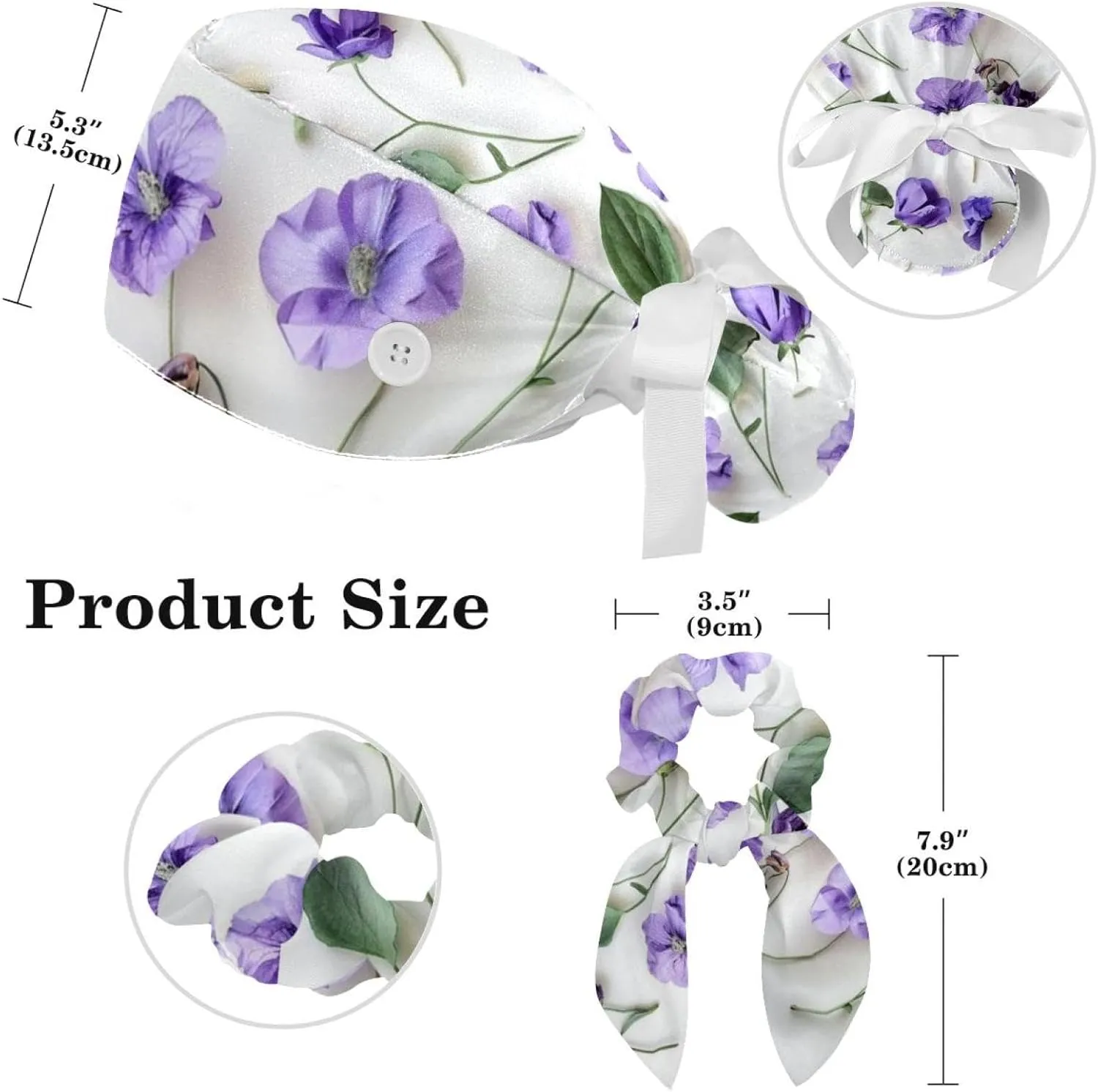 Blue Aesthetic Leaves Scrub Caps Surgical Women with Button Adjustable Hats Surgical Caps with Scrunchie for Women