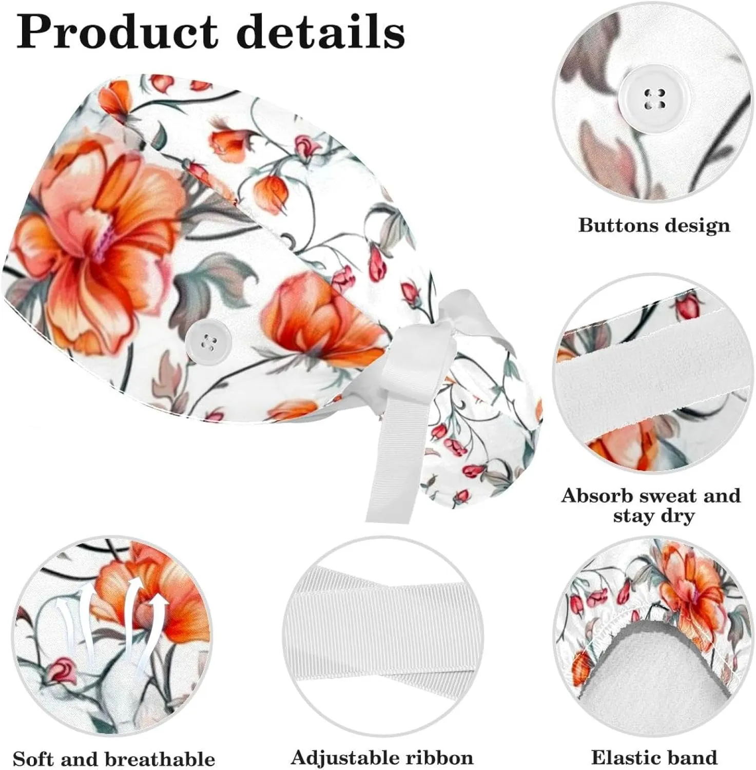 Blue Aesthetic Leaves Scrub Caps Surgical Women with Button Adjustable Hats Surgical Caps with Scrunchie for Women