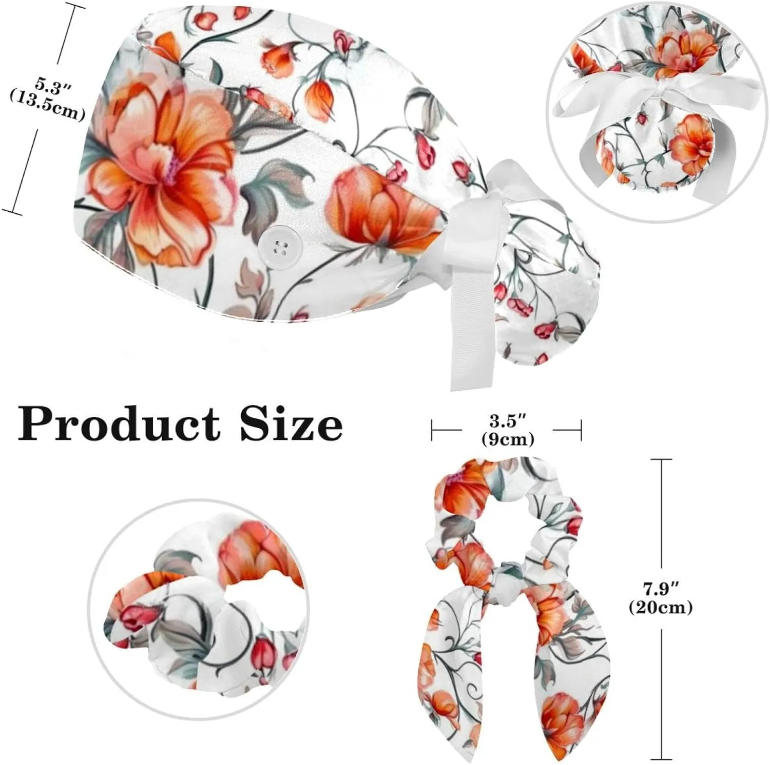 Blue Aesthetic Leaves Scrub Caps Surgical Women with Button Adjustable Hats Surgical Caps with Scrunchie for Women