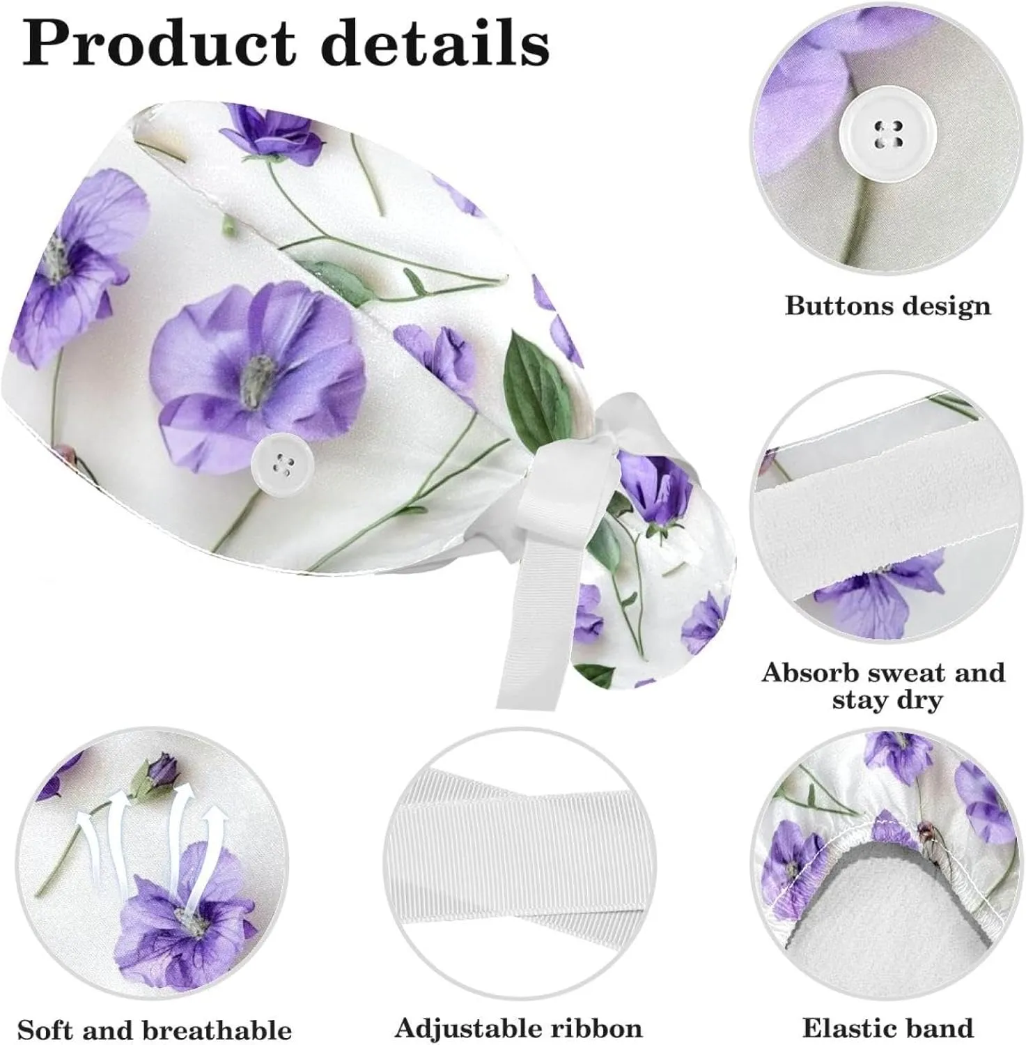 Blue Aesthetic Leaves Scrub Caps Surgical Women with Button Adjustable Hats Surgical Caps with Scrunchie for Women