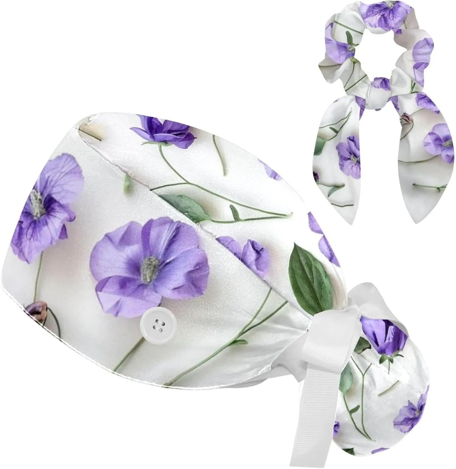 Blue Aesthetic Leaves Scrub Caps Surgical Women with Button Adjustable Hats Surgical Caps with Scrunchie for Women