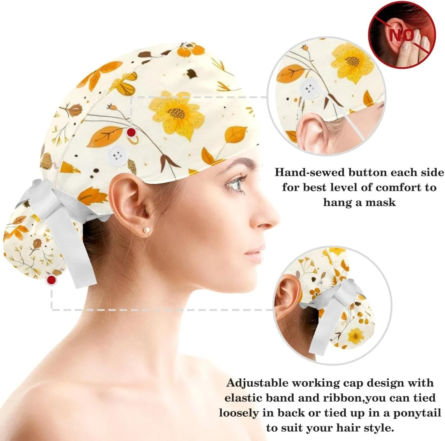 Blue Aesthetic Leaves Scrub Caps Surgical Women with Button Adjustable Hats Surgical Caps with Scrunchie for Women