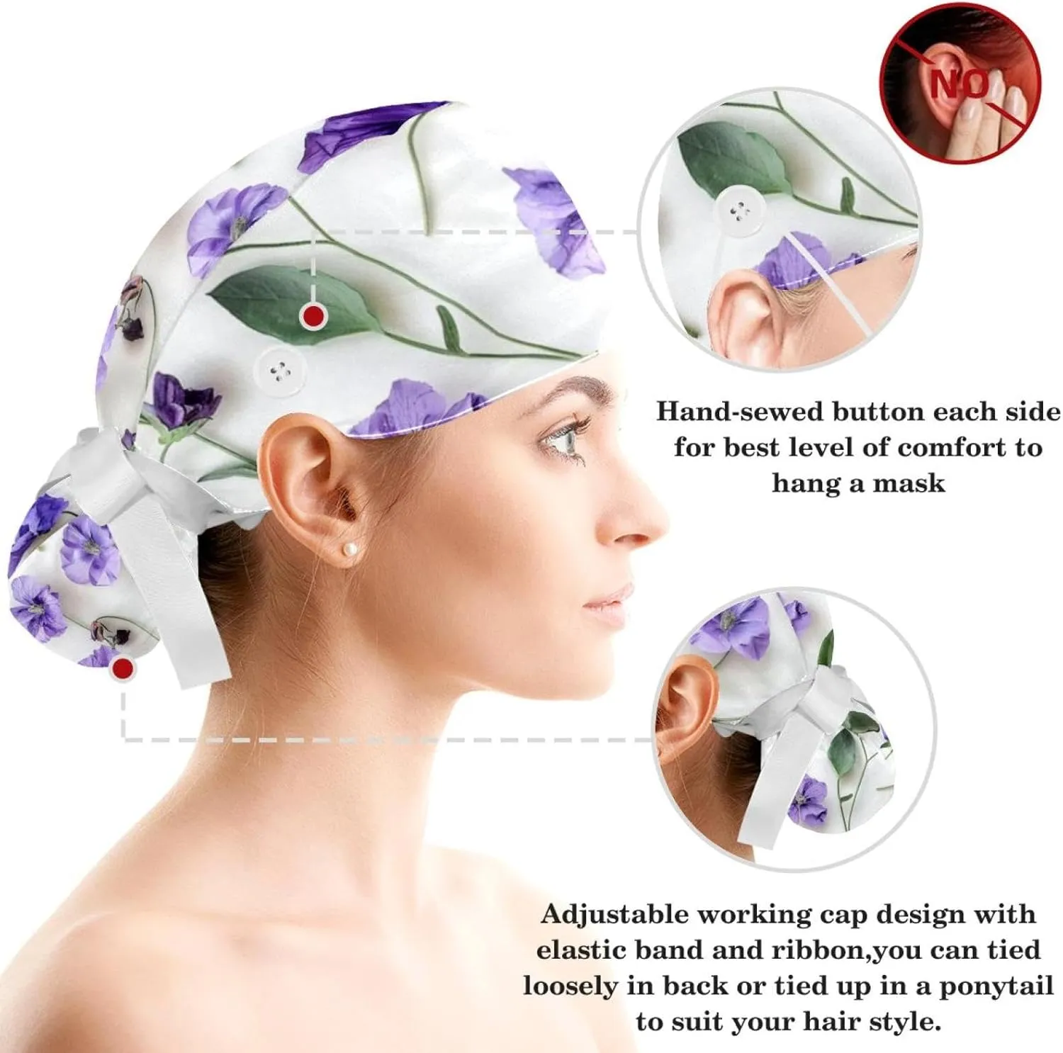 Blue Aesthetic Leaves Scrub Caps Surgical Women with Button Adjustable Hats Surgical Caps with Scrunchie for Women