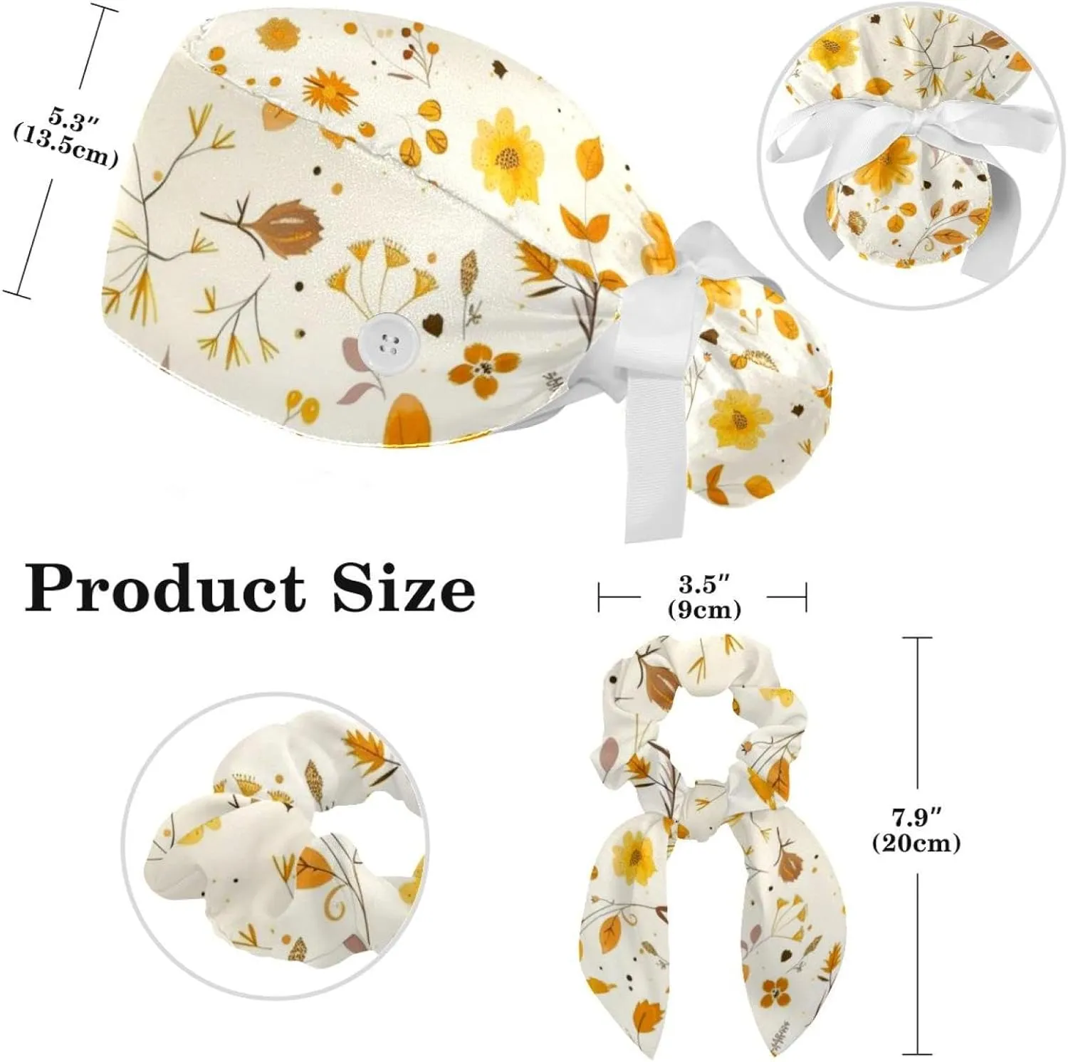 Blue Aesthetic Leaves Scrub Caps Surgical Women with Button Adjustable Hats Surgical Caps with Scrunchie for Women