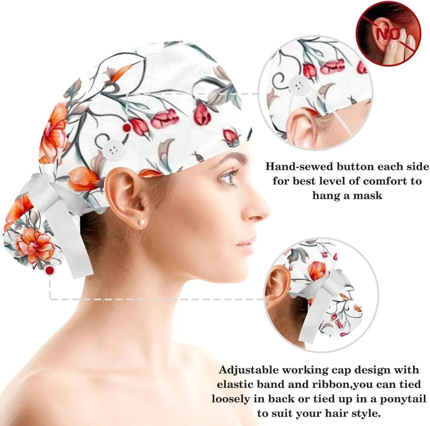 Blue Aesthetic Leaves Scrub Caps Surgical Women with Button Adjustable Hats Surgical Caps with Scrunchie for Women