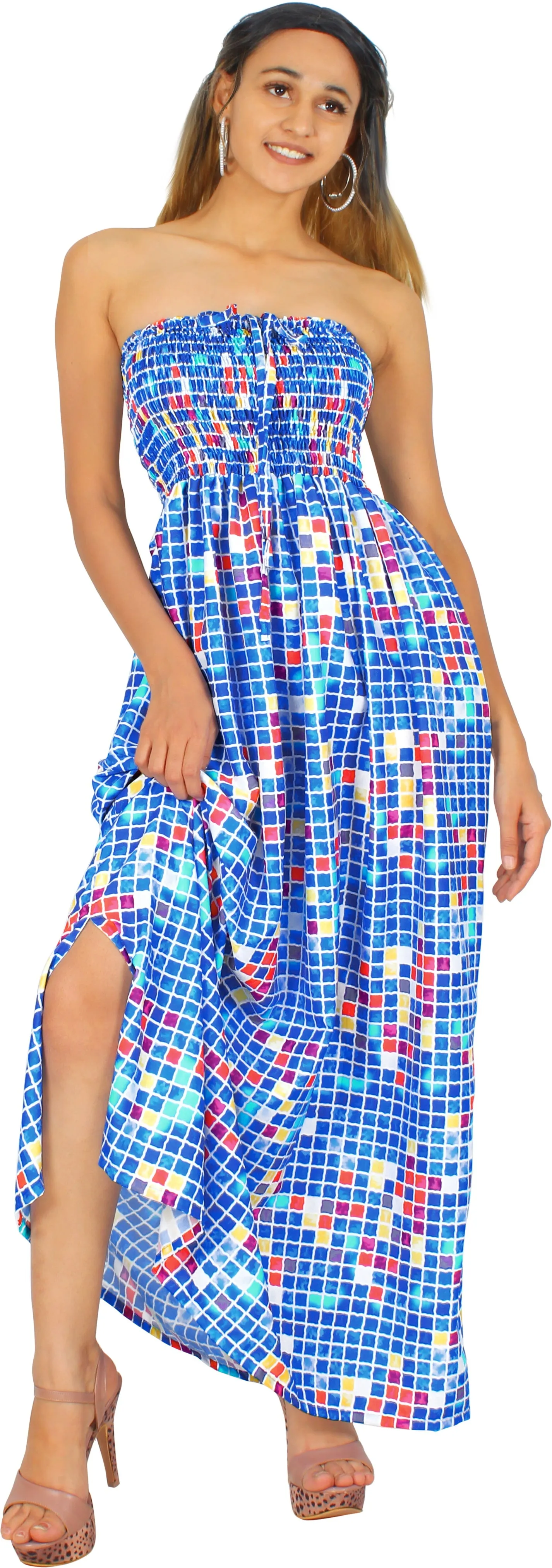 Blue Colorful Blocks Printed Long Tube Dress For Women