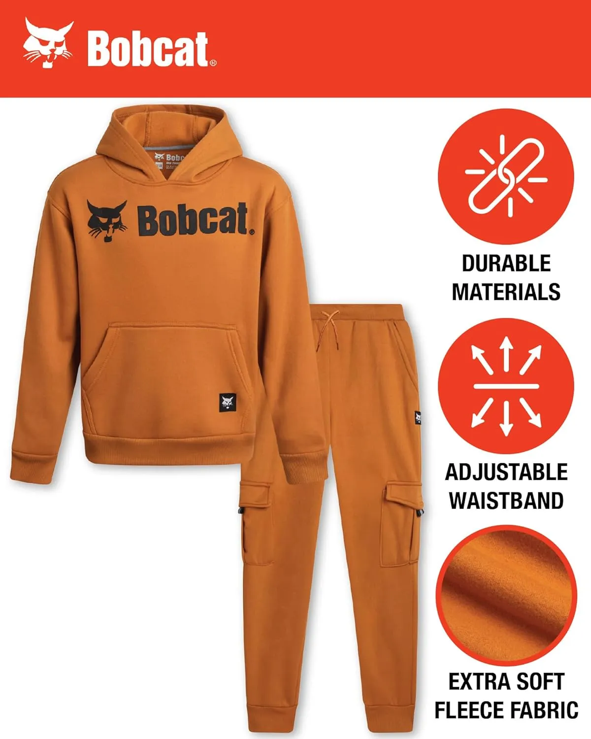 Bobcat Boys' Sweatsuit Set - 2 Piece Fleece Hoodie Sweatshirt and Cargo Jogger Pants - Active Matching Sets for Boys (8-18)